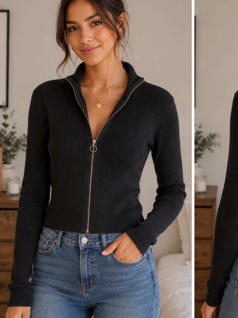 Zara Black Ribbed Zip-Front Sweater - Picture 1 of 3